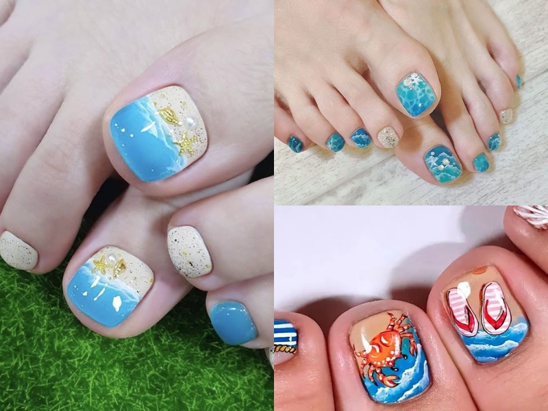 Mẫu vẽ móng chân đi biển họa tiết sóng