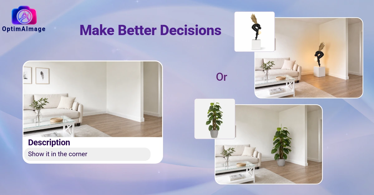 Side-by-side comparison of the same open-plan living and dining room: left shows original builder-grade beige interiors with basic furniture; right shows an AI-generated redesign with warm mid-century modern furniture, terracotta walls, and layered rugs.