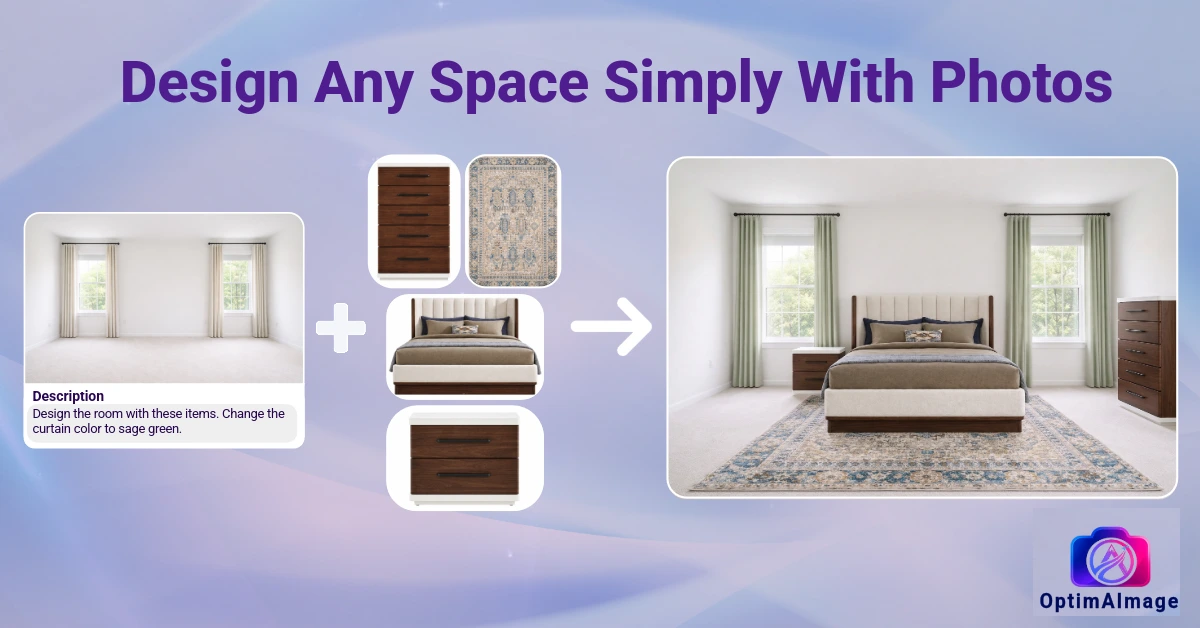 Three-panel grid showing the same bedroom uploaded to an AI interior design app — original room on the left, a clean Scandinavian redesign in the center, and a maximalist eclectic style on the right — all preserving the original room's windows and layout.