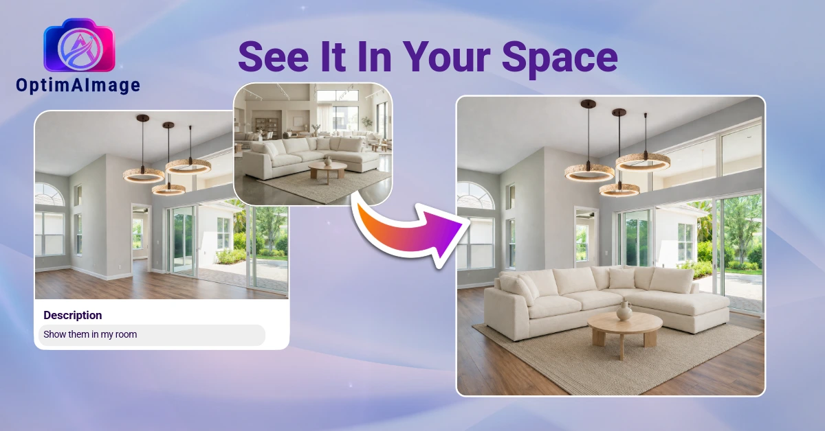 Empty living room on the left, a reference photo of a cream sectional sofa in the middle, and the same living room on the right now furnished with that exact sectional — OptimAImage placing a real product into a homeowner's actual room.