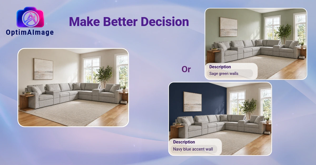 Original living room with a grey sectional sofa shown alongside two AI-generated variations — one with sage green walls and one with a navy blue accent wall — comparing design options on the same room with OptimAImage.