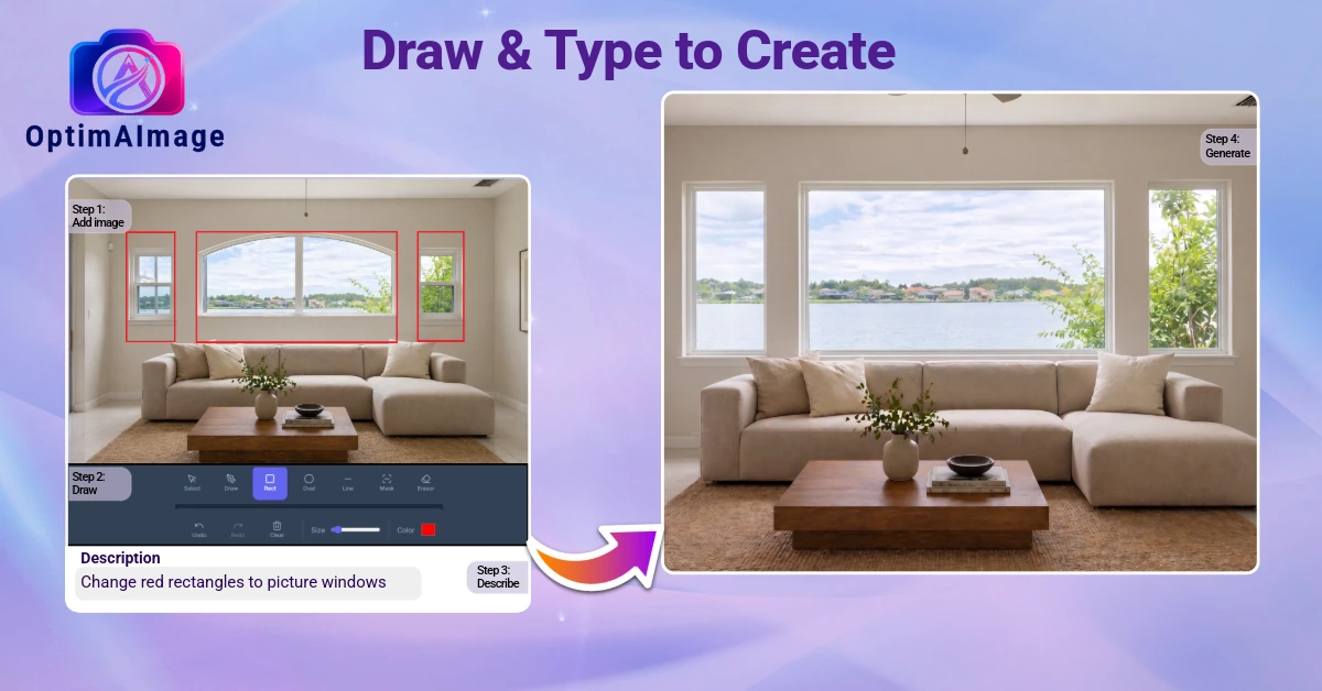 Three-step workflow in OptimAImage showing an uploaded living room photo where the user has selected wall sections to change into picture windows overlooking a lake.