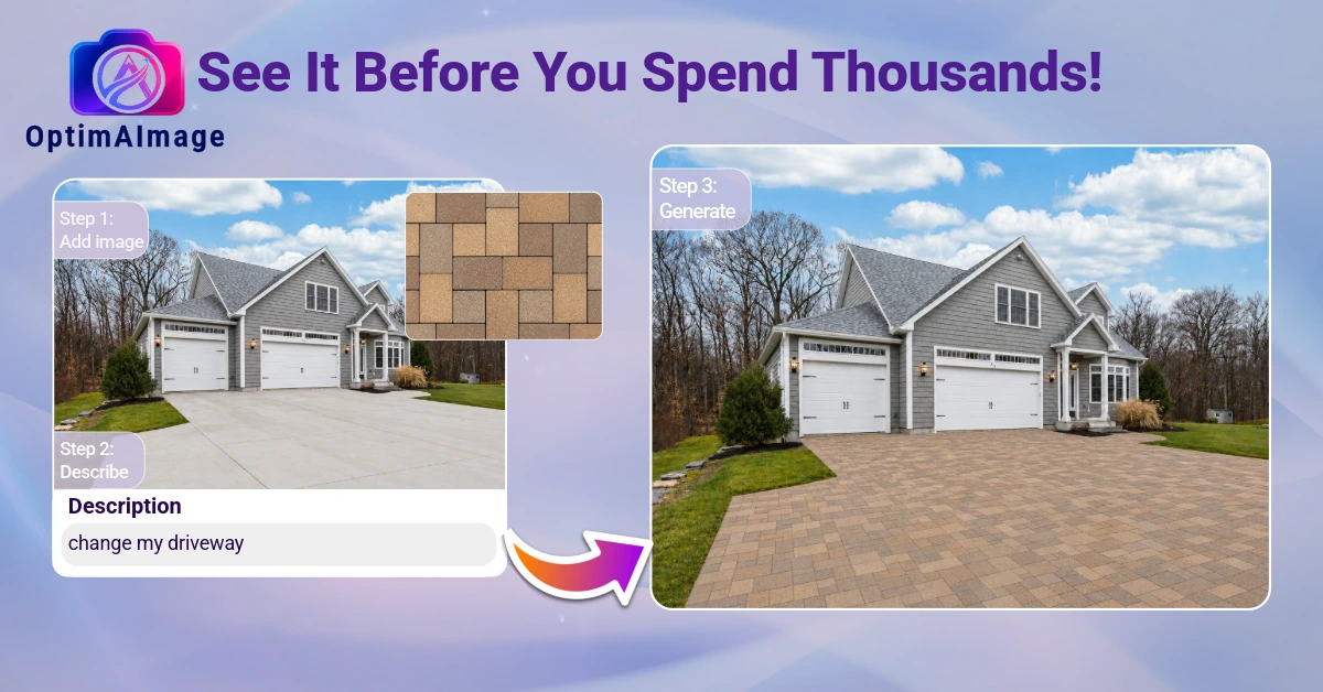 Before and after comparison of a home exterior where an asphalt driveway is replaced with brick pavers using an AI renovation render.