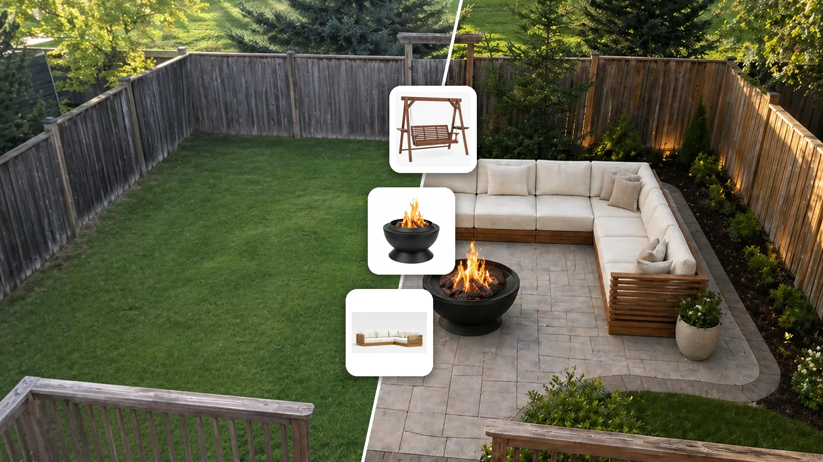 A bare lawn behind a wooden fence turned into a paver patio with a porch swing, a fire pit and an outdoor sofa, shown half before and half after.