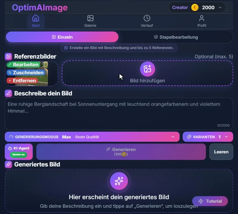 Der Editor mit einem Foto eines kahlen Gartens unter Referenzbilder.