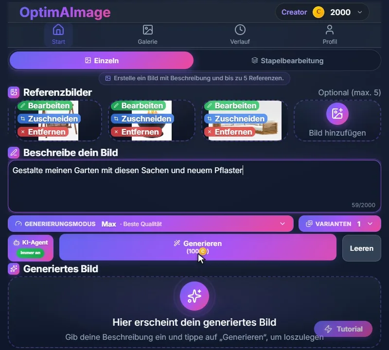 Der Generieren-Button mit 100 Credits im Max-Modus, der KI-Agent ist immer an.