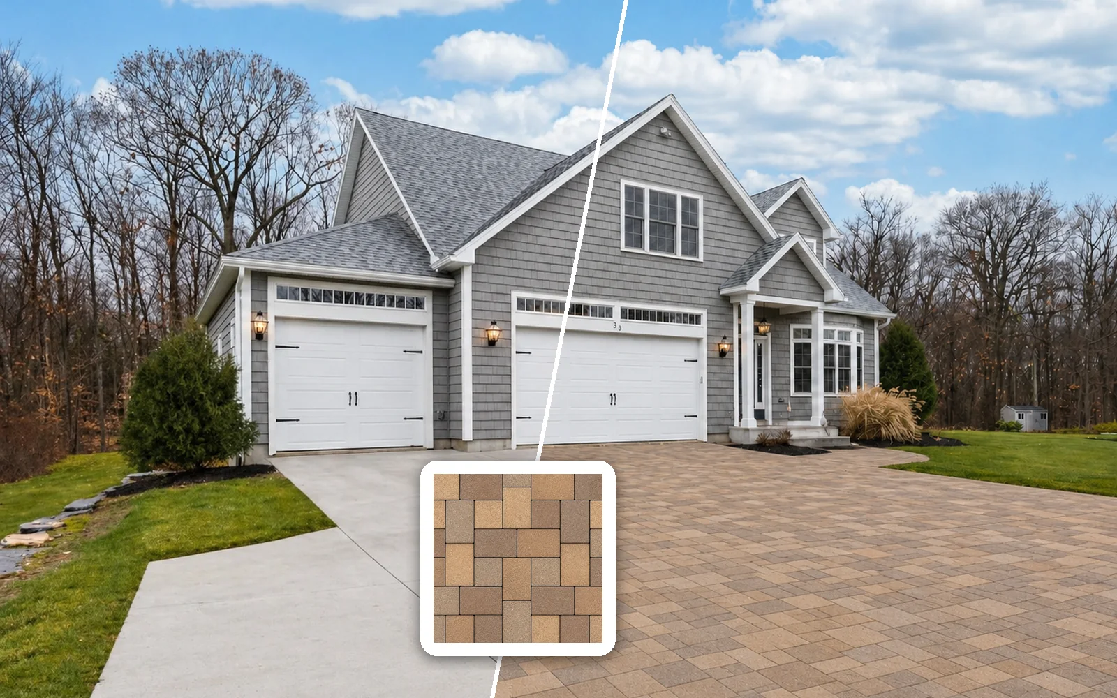 Before and after: a house with a plain concrete driveway on the left, and on the right the same driveway repaved with the paver from the swatch shown in the middle.