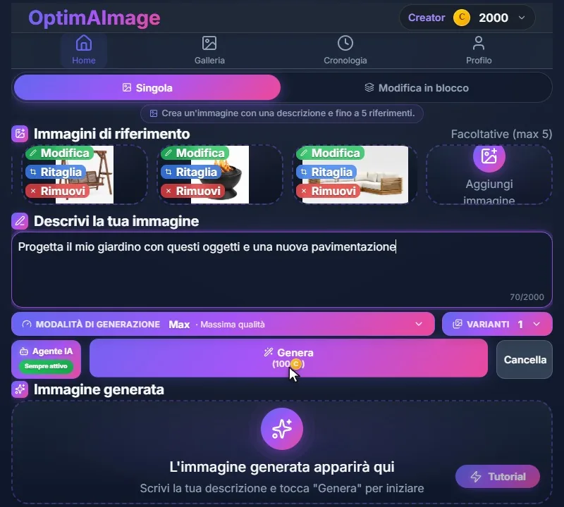 Il pulsante Genera con 100 crediti in modalità Max e l’agente IA sempre attivo.