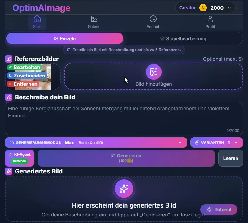 Der Editor mit dem hochgeladenen Wohnzimmerfoto unter Referenzbilder.