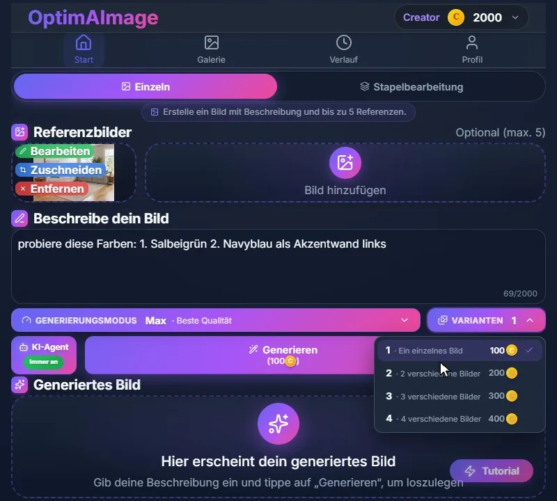 Das geöffnete Varianten-Menü mit einem bis vier verschiedenen Bildern und den Credit-Kosten.
