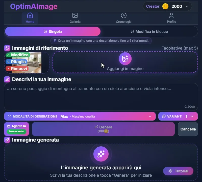 L’editor con la foto del soggiorno caricata in Immagini di riferimento.