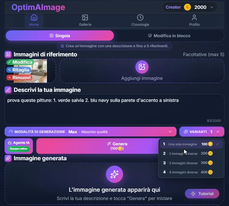 Il menu Varianti aperto, da una a quattro immagini diverse con il costo in crediti di ciascuna.