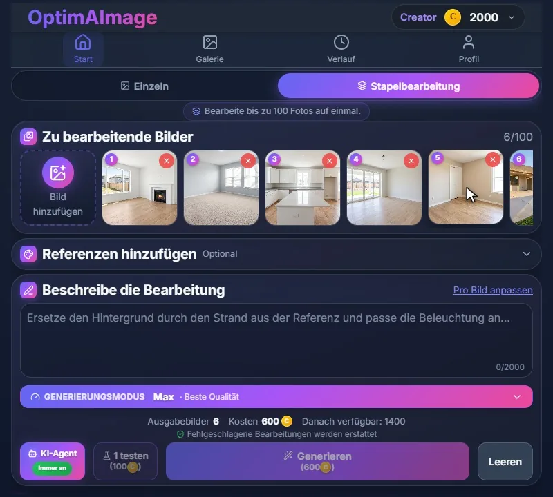 Sechs Fotos leerer Räume in der Ablage, nummeriert von eins bis sechs.
