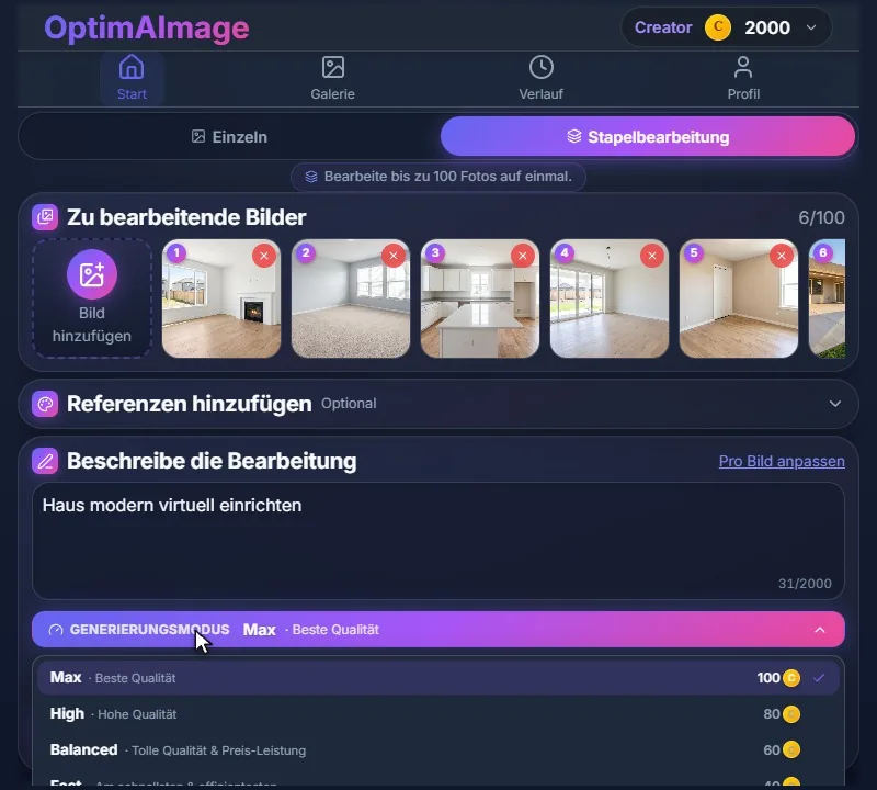 Das geöffnete Menü der Generierungsmodi mit Max, High, Balanced und Fast samt Credit-Kosten.