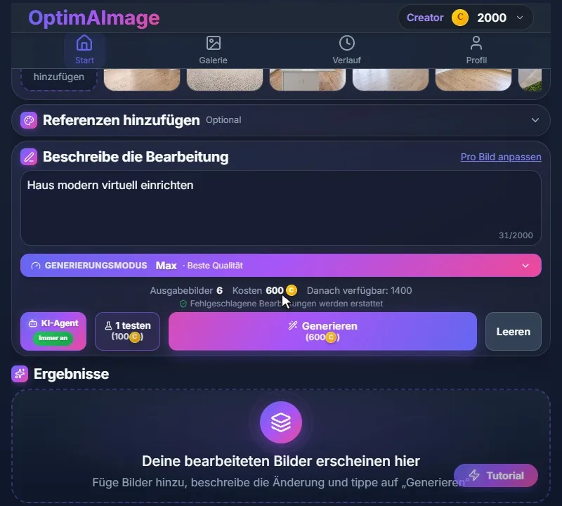 Die Übersicht über dem Button Generieren: 6 Ausgabebilder, 600 Credits und das Guthaben nach dem Stapel.