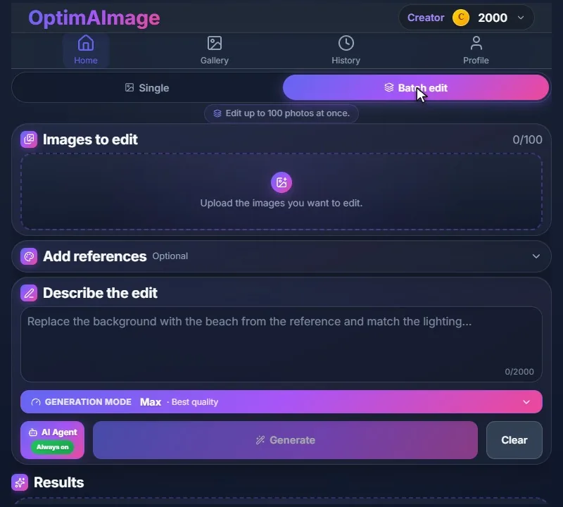 The editor in Batch edit mode, with an empty tray for the images to edit.