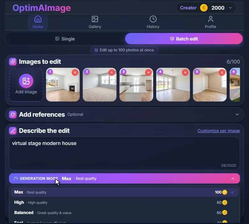 The generation mode menu open, listing Max, High, Balanced and Fast with their credit costs.