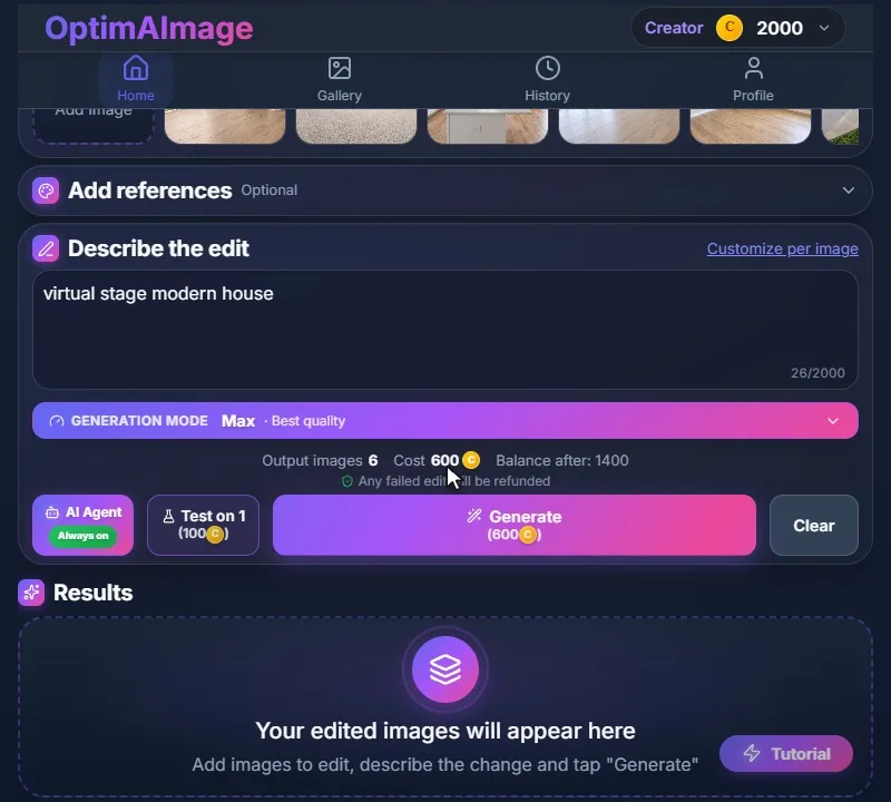 The summary above the Generate button: 6 output images, 600 credits and the balance after the batch.
