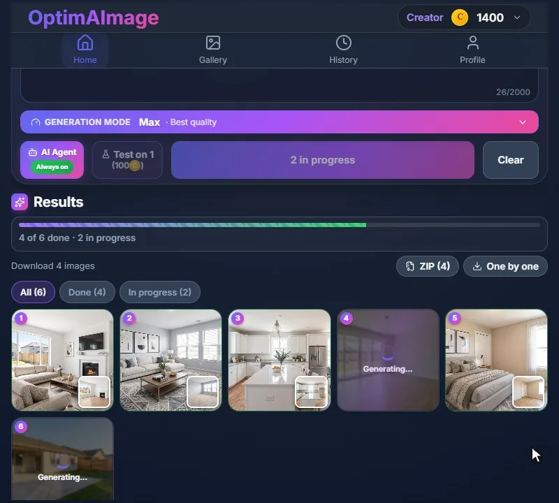 Results arriving one by one: five rooms are staged and the last one is still generating.