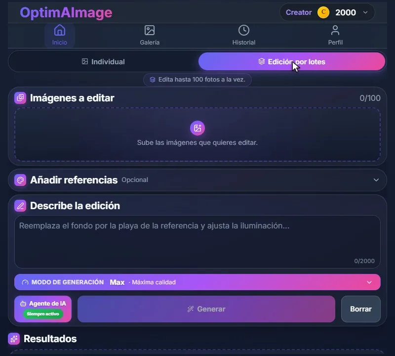 El editor en modo Edición por lotes, con la bandeja vacía para las imágenes a editar.