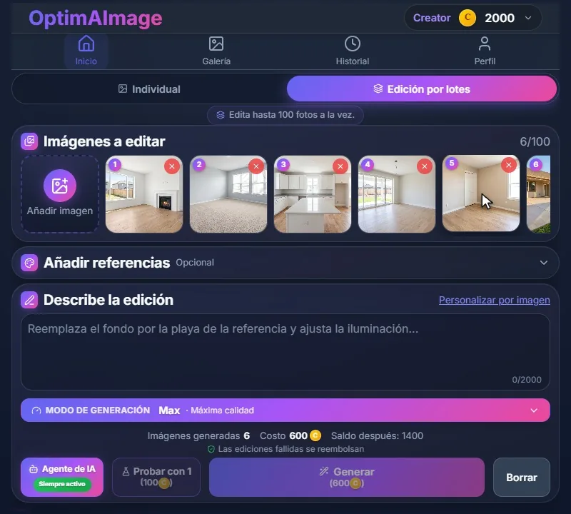 Seis fotos de espacios vacíos en la bandeja de imágenes a editar, numeradas del uno al seis.