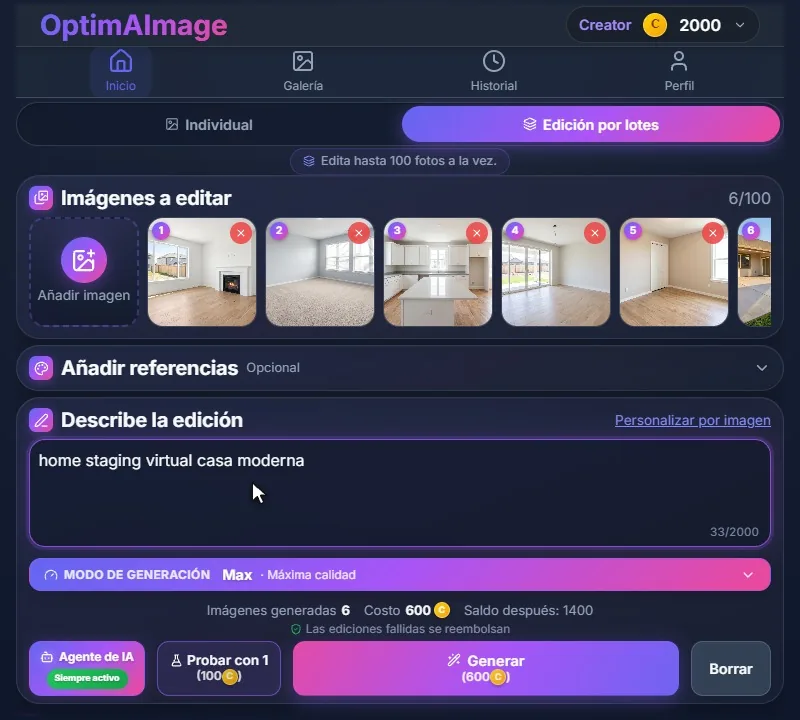 La instrucción compartida, escrita una vez para todas las fotos del lote.