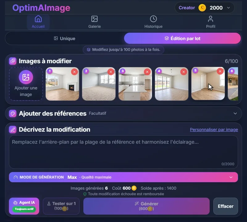 Six photos de pièces vides dans la zone des images à modifier, numérotées de un à six.