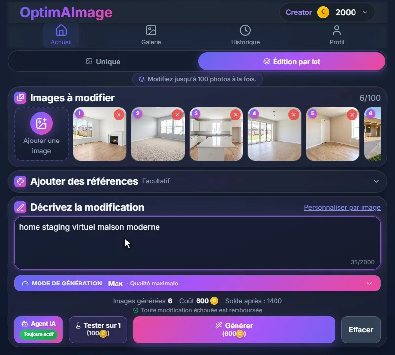La consigne commune, saisie une fois pour toutes les photos du lot.