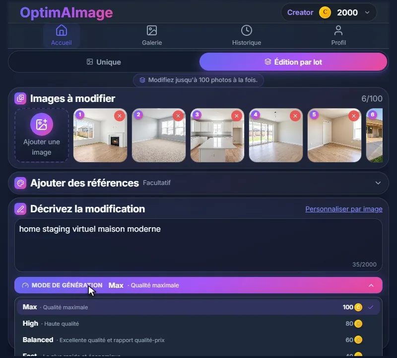 Le menu des modes de génération ouvert, avec Max, High, Balanced et Fast et leur coût en crédits.