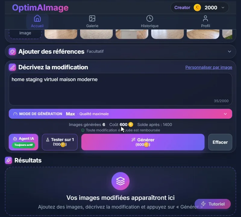 Le récapitulatif au-dessus du bouton Générer : 6 images, 600 crédits et le solde après le lot.
