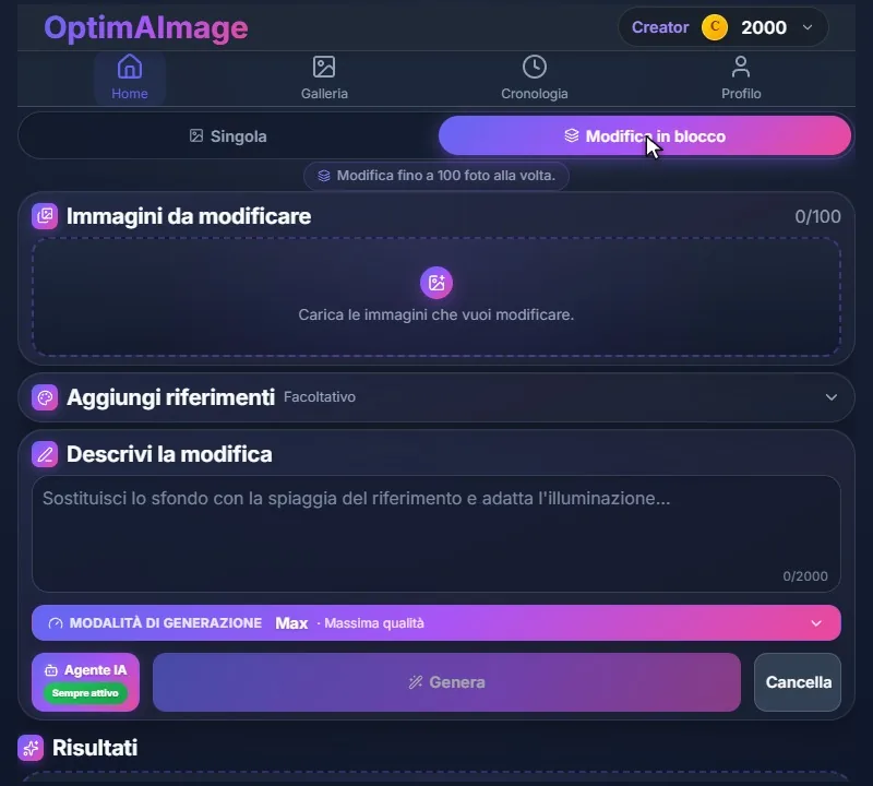 L’editor in modalità Modifica in blocco, con lo spazio vuoto per le immagini da modificare.