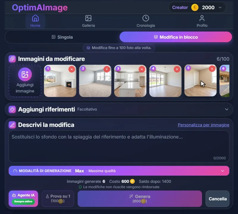 Sei foto di stanze vuote nello spazio delle immagini da modificare, numerate da uno a sei.