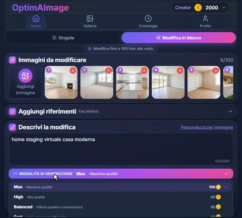 Il menu delle modalità di generazione aperto, con Max, High, Balanced e Fast e il loro costo in crediti.
