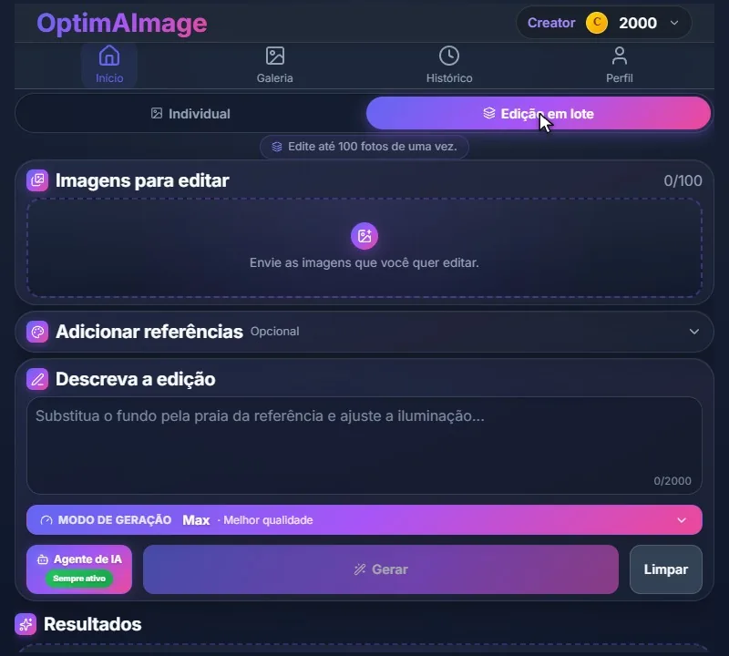 O editor no modo Edição em lote, com a área vazia para as imagens a editar.