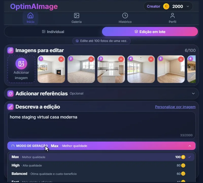 O menu de modos de geração aberto, com Max, High, Balanced e Fast e o custo em créditos.