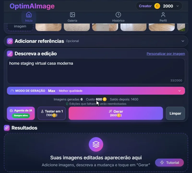 O resumo acima do botão Gerar: 6 imagens, 600 créditos e o saldo após o lote.