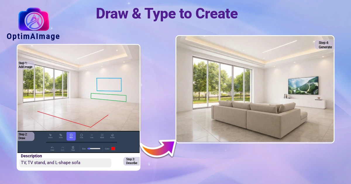 Empty room on the left with drawn boxes indicating where to place furniture, and the generated fully staged room on the right with a TV, stand, and L-shape sofa.