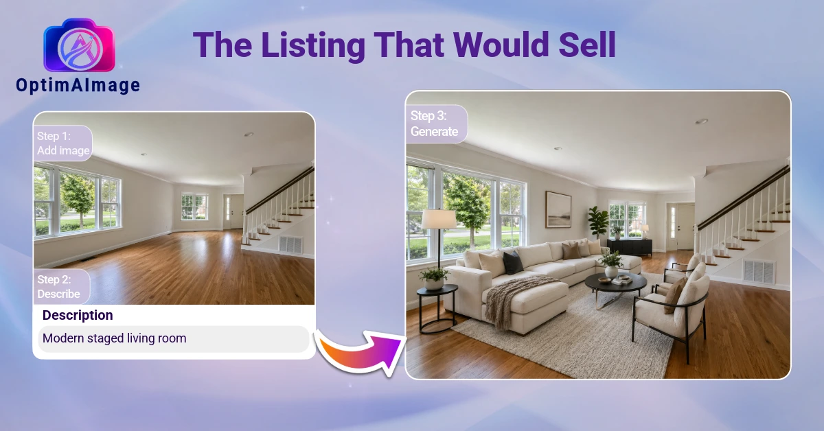 Empty living room on the left, transformed into a beautifully staged modern living room on the right using AI virtual staging.
