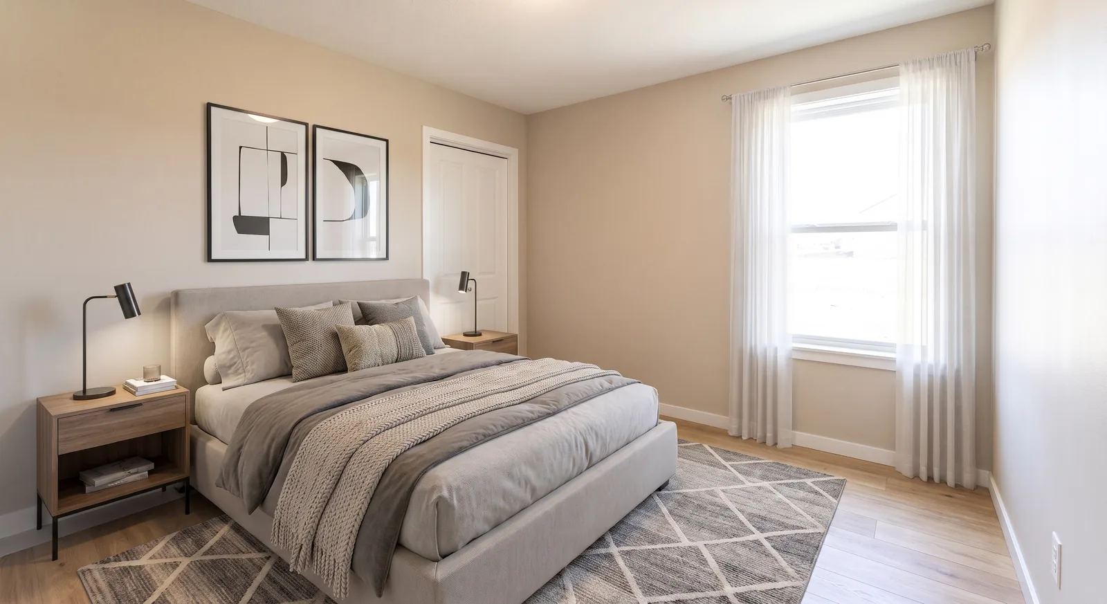 Small spare room after virtual staging: a queen bed with gray bedding, two nightstands with lamps and sheer curtains on the window.