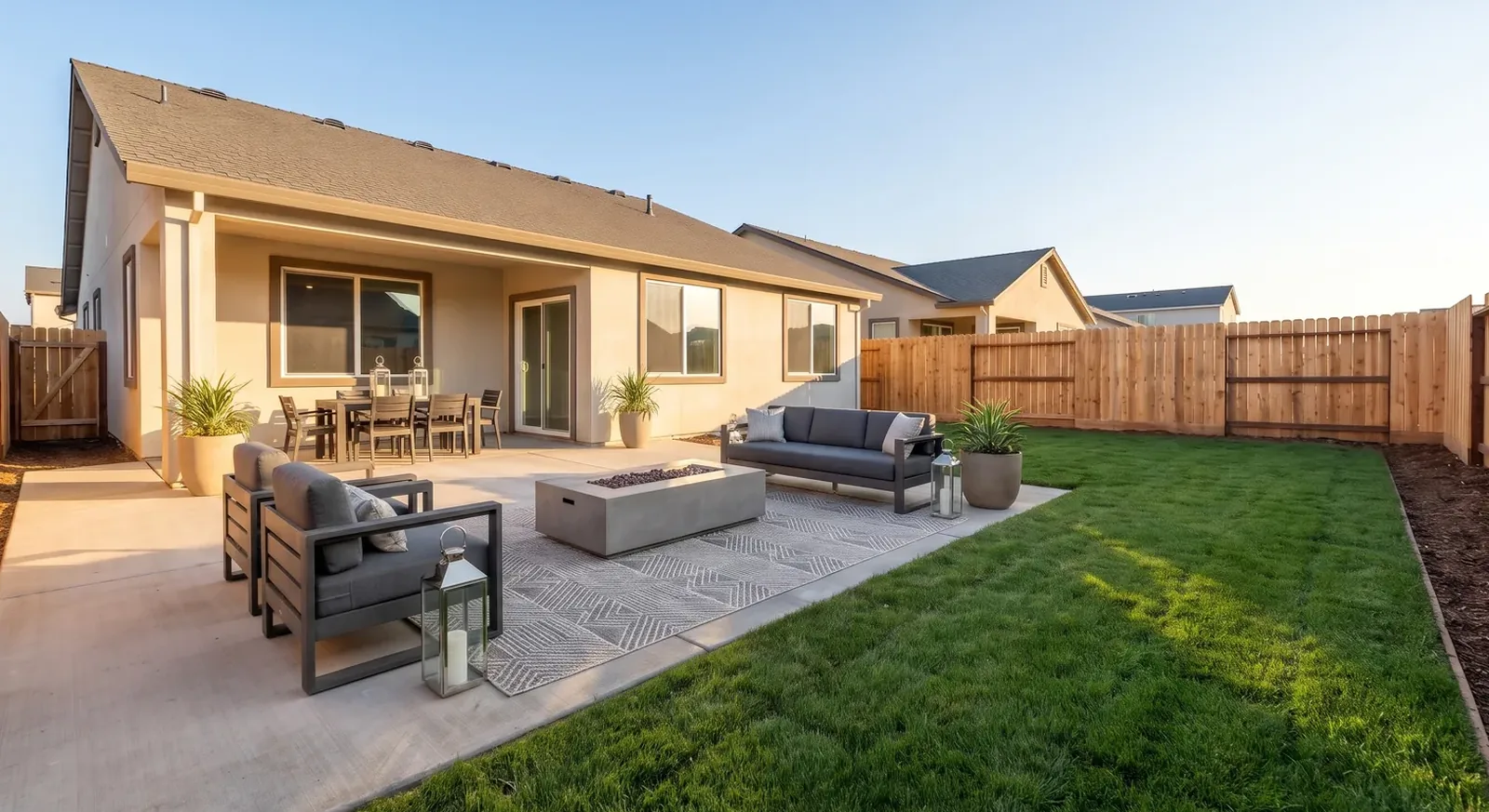 The same patio after a bulk staging pass: outdoor sofa and armchairs, a concrete fire table, planters and lanterns.