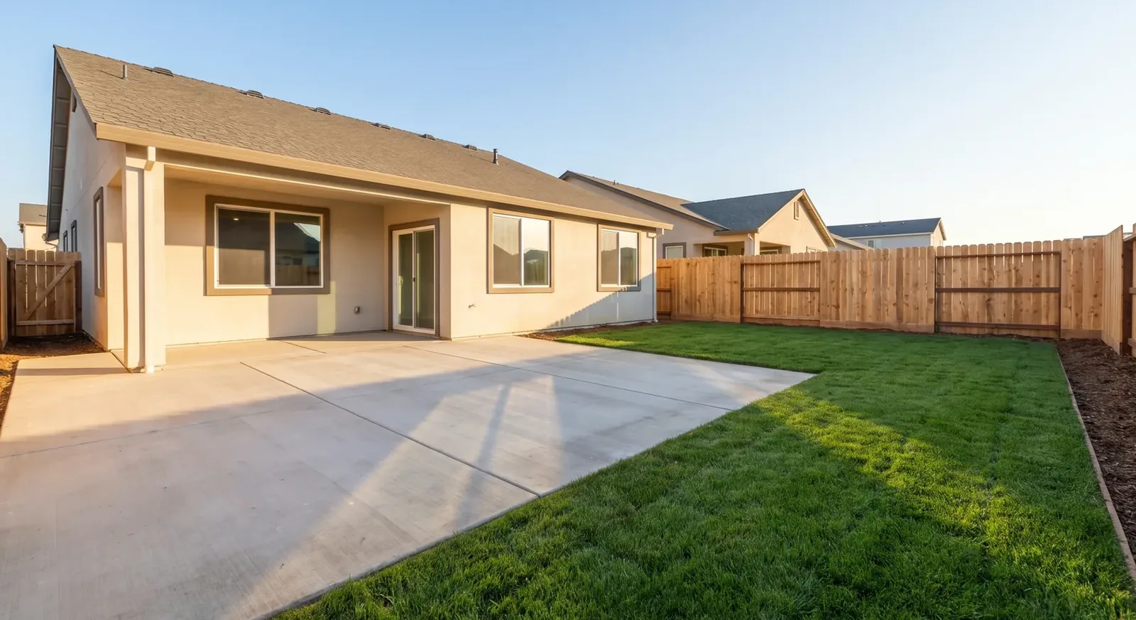 Bare backyard patio with a concrete slab, lawn and wooden fence, before bulk editing.