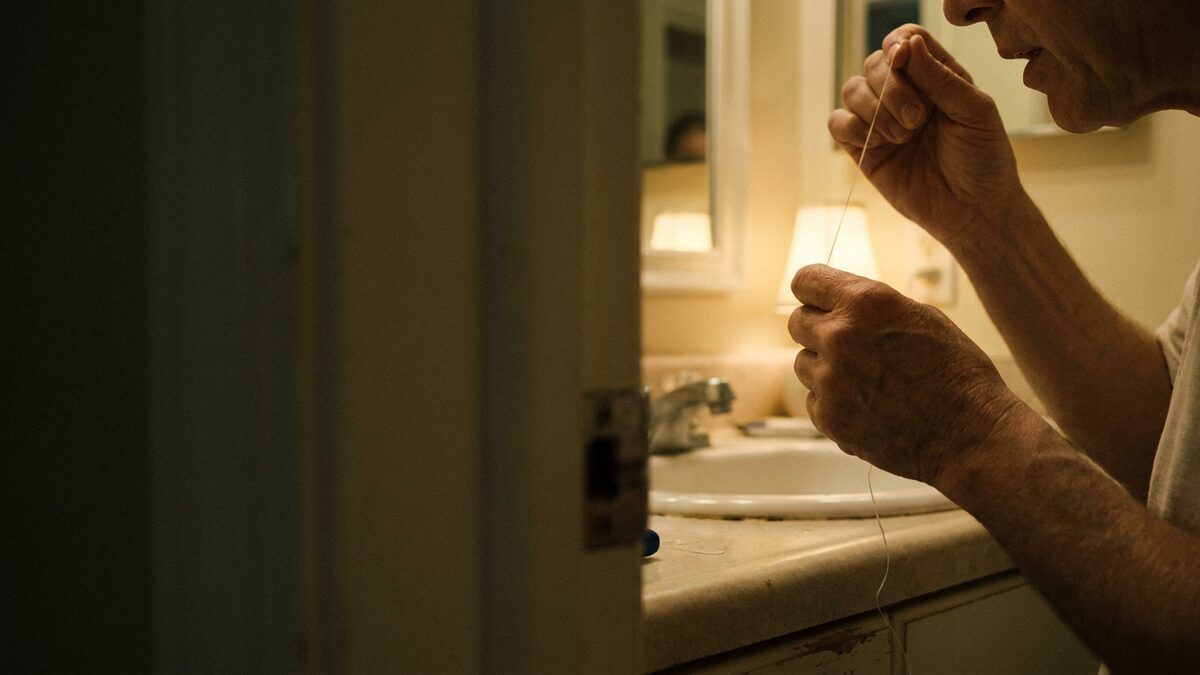 A person gently flossing at a softly lit bathroom sink.