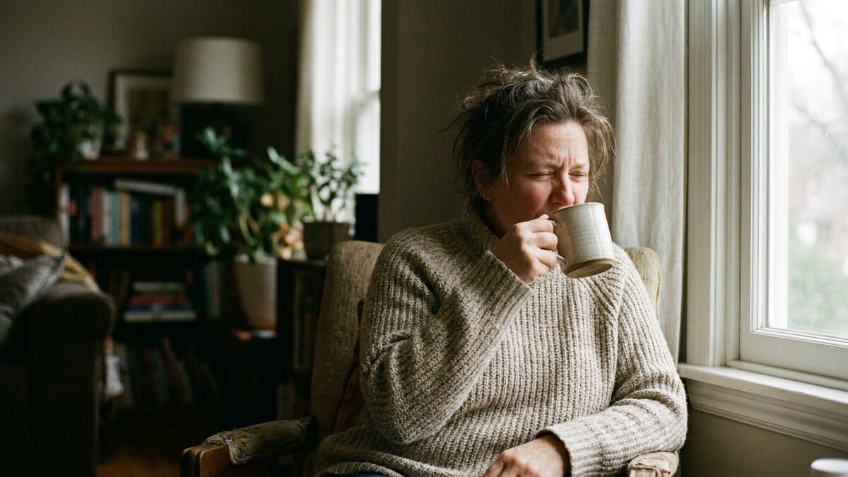 A person pausing while sipping a hot drink by a window, cozy and candid.