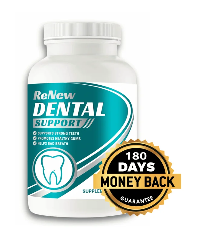 Official RenewDental Support bottle image with a 180-day money-back badge from the vendor's sales materials