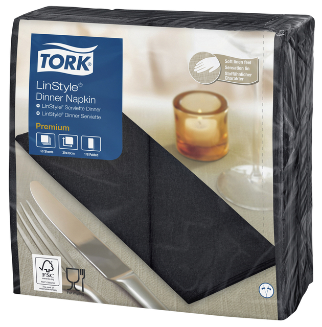 Dinnerservetten Tork Premium LinStyle® 1/8 gevouwen 50st zwart  478151