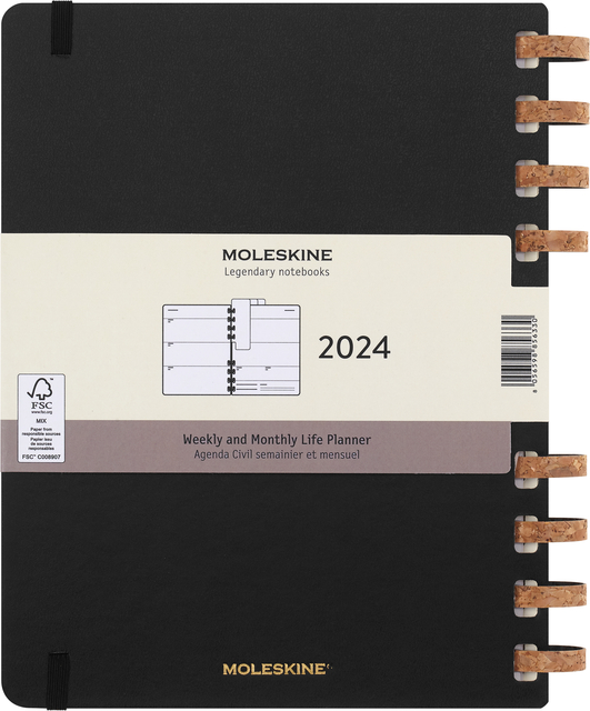 Life planner 2024 Moleskine 7dag/2pagina's extra large190x250mm hard cover ringen black