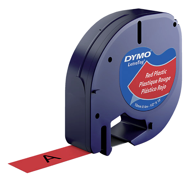 Labeltape Dymo LetraTag plastic 12mm zwart op rood