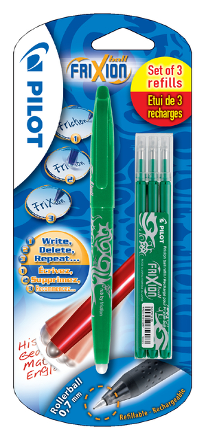 Rollerpen PILOT friXion medium groen blister à 1 stuk + 3 vullingen