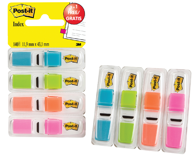 Indextabs 3M Post-it 6834 11.9mmx43.1mm helder 3+1 gratis assorti