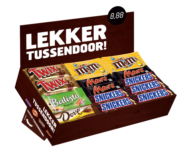 Candy box met Mars Snickers Twix M&M Balisto Dove